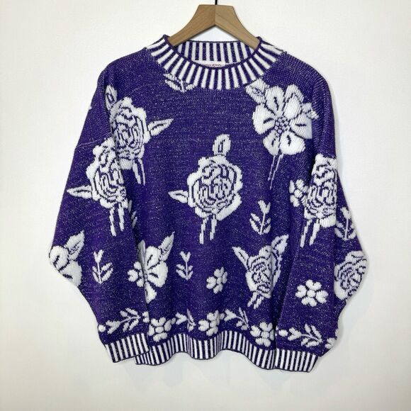 GLAMOUR KNIT VINTAGE Purple METALLIC THREAD Rose SWEATER Sz LARGE Made In USA - Picture 1 of 10
